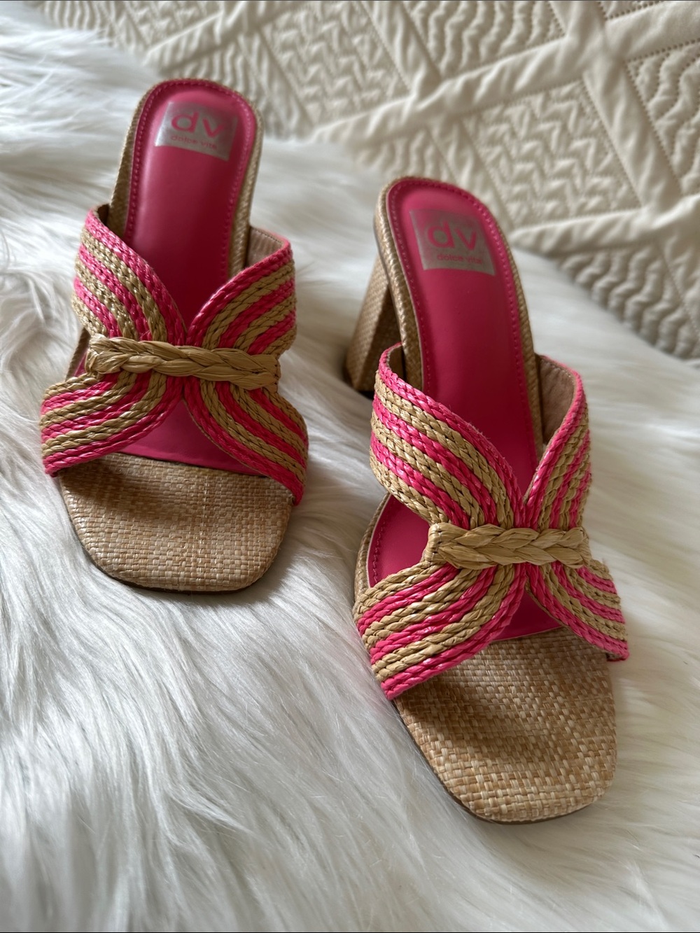 DV by Dolce Vita Pink and Natural Braided Raffia Slide Heels